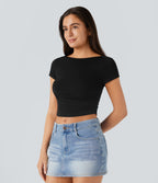 Slash Neck Short Sleeve Ruched Cropped Casual Baby Tee — Black — view 3