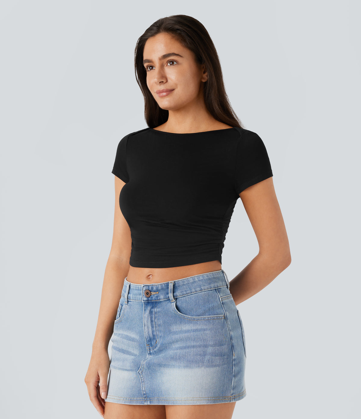 Slash Neck Short Sleeve Ruched Cropped Casual Baby Tee — Black — view 3