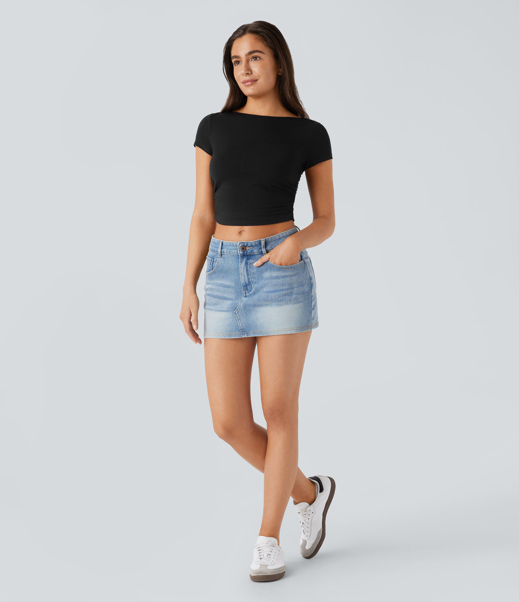Slash Neck Short Sleeve Ruched Cropped Casual Baby Tee — Black — view 5