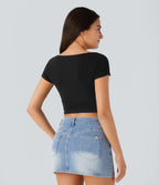 Slash Neck Short Sleeve Ruched Cropped Casual Baby Tee — Black — view 2