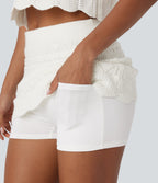 High Waisted 2-in-1 Pocket Open Knit Mini Casual Jumper Skirt — White — view 5