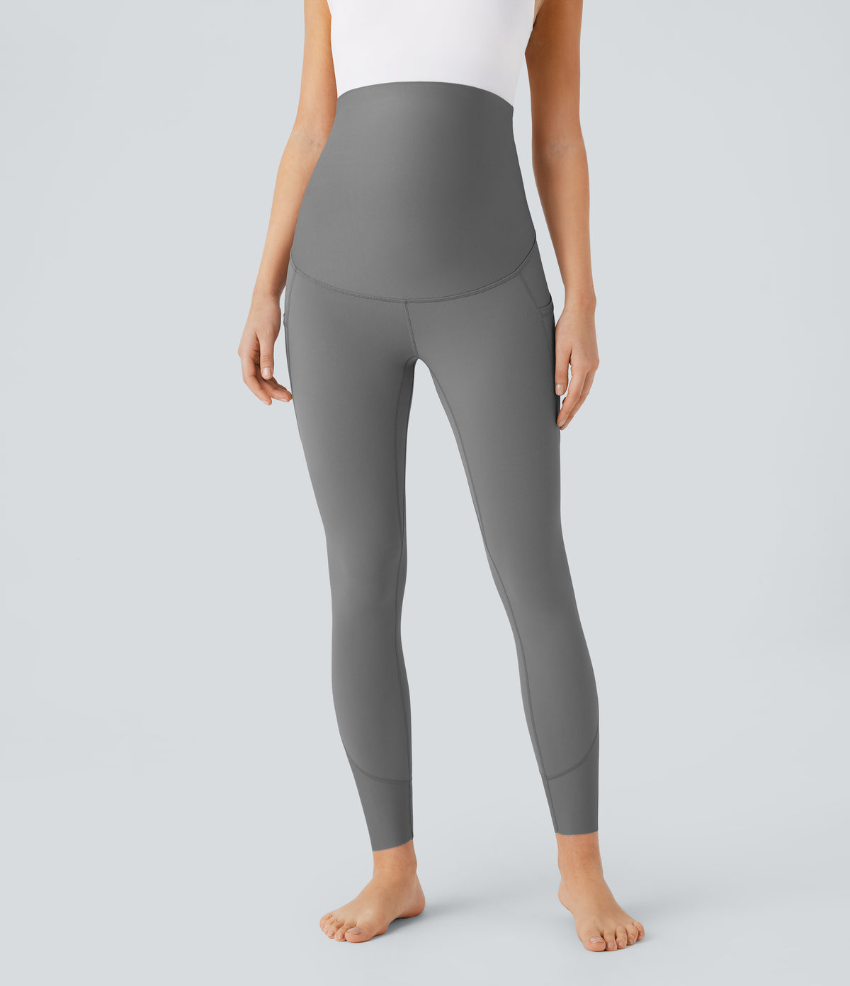 Super High Waisted Back Crossover Pocket 7/8 Yoga Maternity Leggings — Steel Gray — view 3