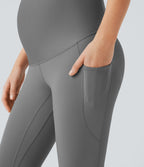 Super High Waisted Back Crossover Pocket 7/8 Yoga Maternity Leggings — Steel Gray — view 5