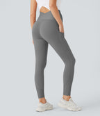 Super High Waisted Back Crossover Pocket 7/8 Yoga Maternity Leggings — Steel Gray — view 2