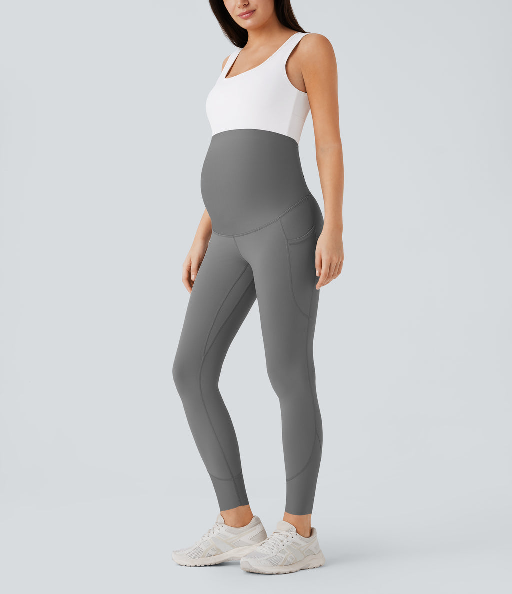 Super High Waisted Back Crossover Pocket 7/8 Yoga Maternity Leggings — Steel Gray — view 7