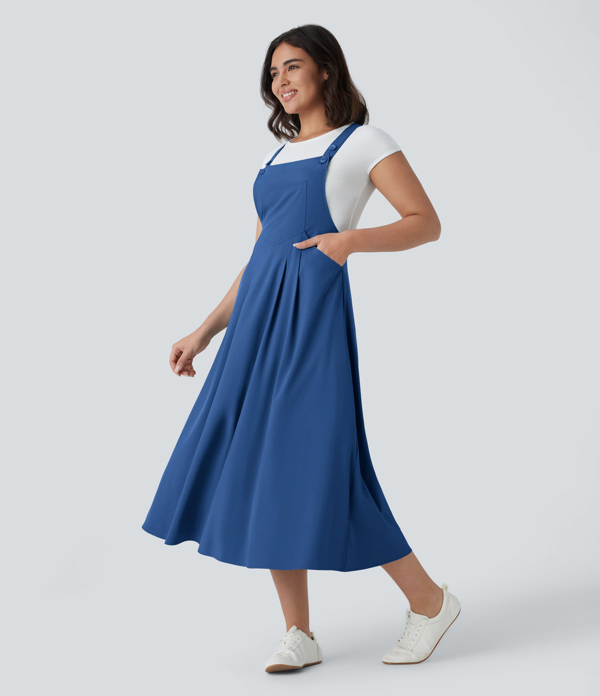 Adjustable Strap Button Multiple Pockets Flowy Quick Dry Midi Casual Dress — Nebulas Blue — view 10