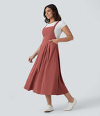 Adjustable Strap Button Multiple Pockets Flowy Quick Dry Midi Casual Dress — Kapok Red — view 6