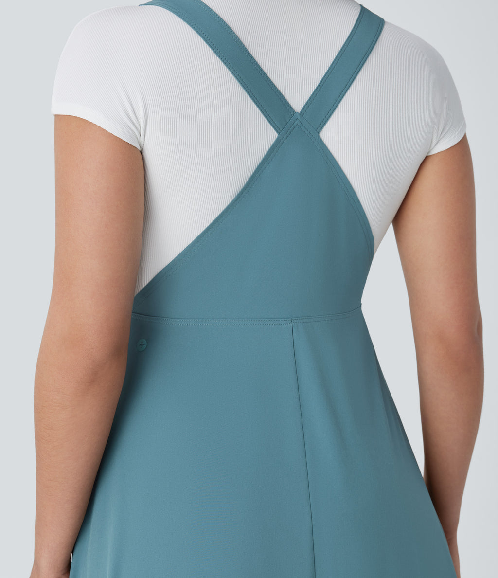 Adjustable Strap Button Multiple Pockets Flowy Quick Dry Midi Casual Dress — Stone Blue — view 4