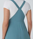 Adjustable Strap Button Multiple Pockets Flowy Quick Dry Midi Casual Dress — Stone Blue — view 4