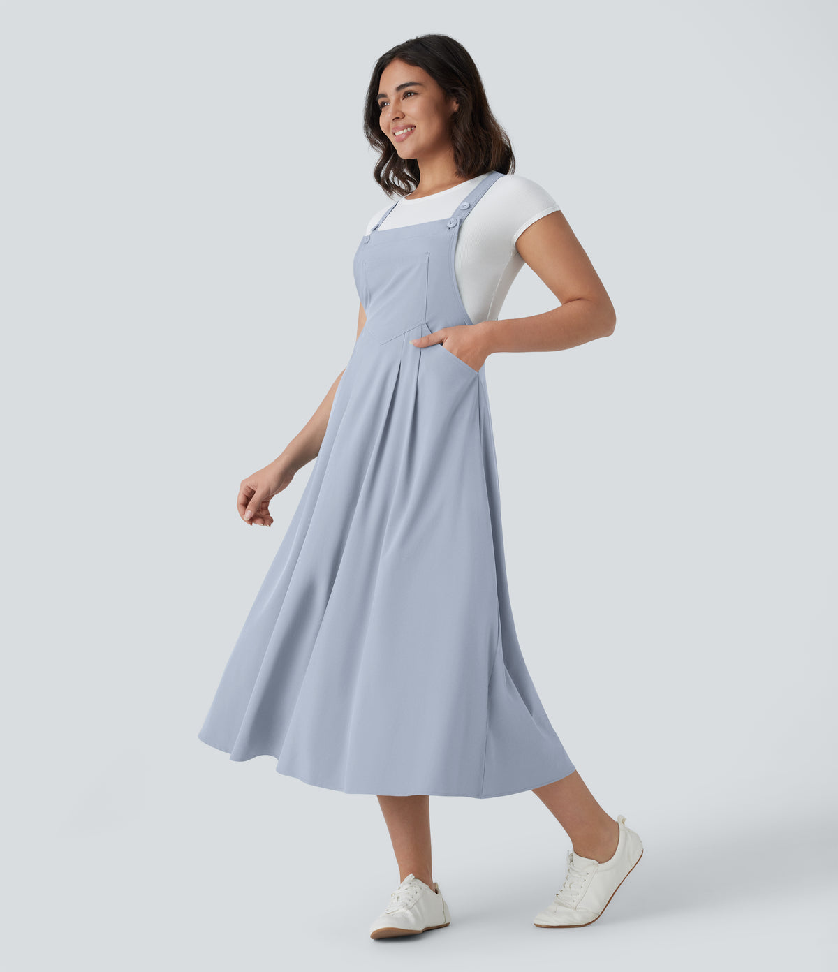 Adjustable Strap Button Multiple Pockets Flowy Quick Dry Midi Casual Dress — Ballad Blue — view 11