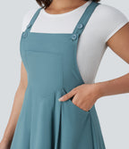 Adjustable Strap Button Multiple Pockets Flowy Quick Dry Midi Casual Dress — Stone Blue — view 5