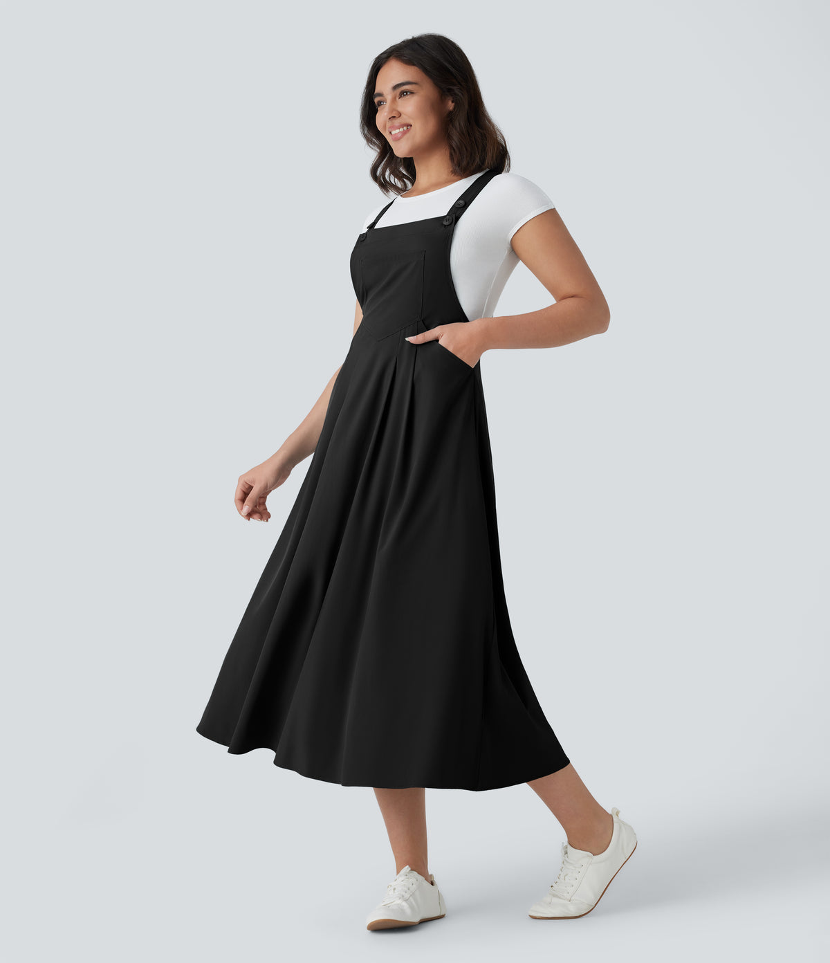 Adjustable Strap Button Multiple Pockets Flowy Quick Dry Midi Casual Dress — Black — view 7