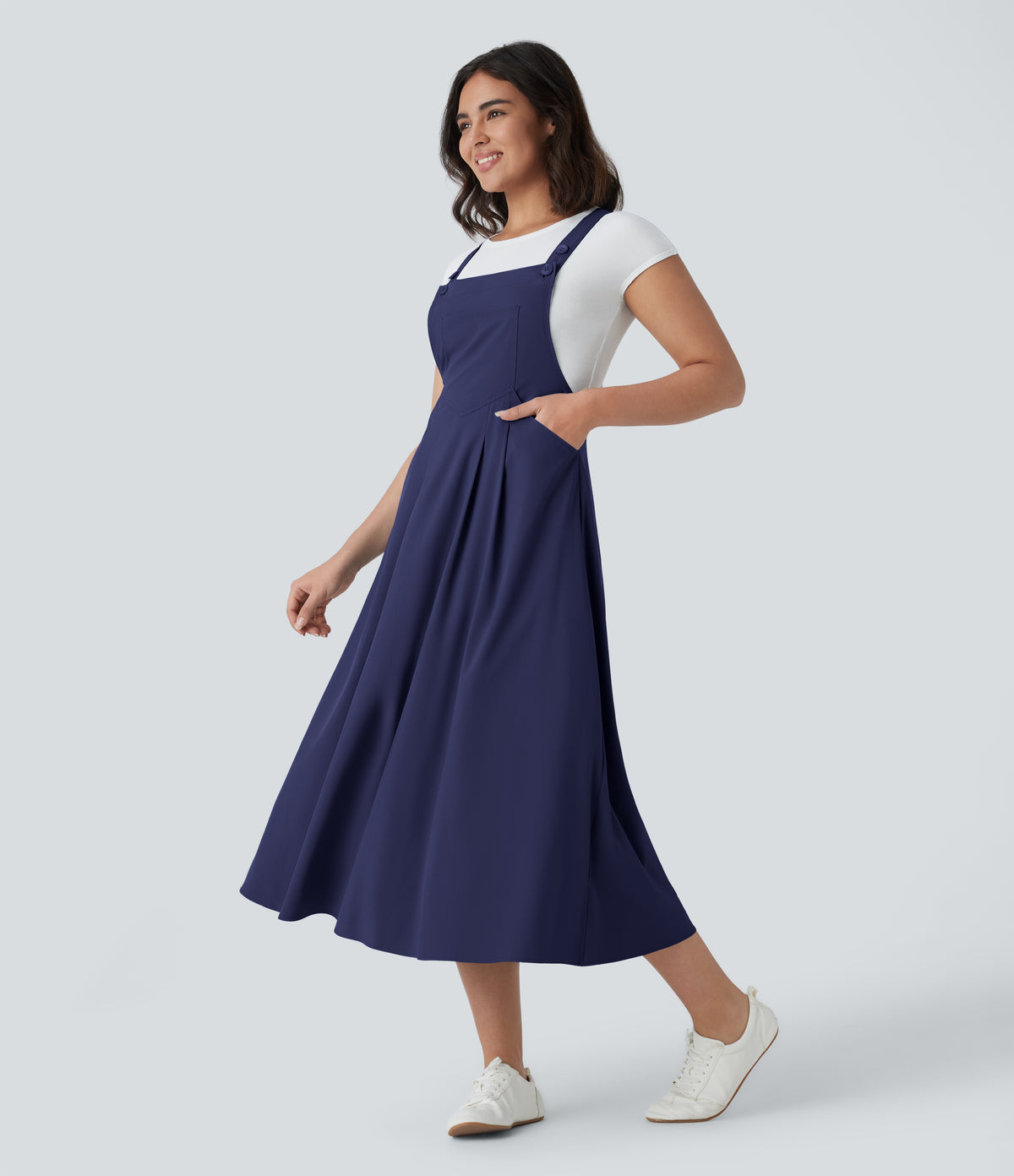 Adjustable Strap Button Multiple Pockets Flowy Quick Dry Midi Casual Dress — Patriot Blue — view 9