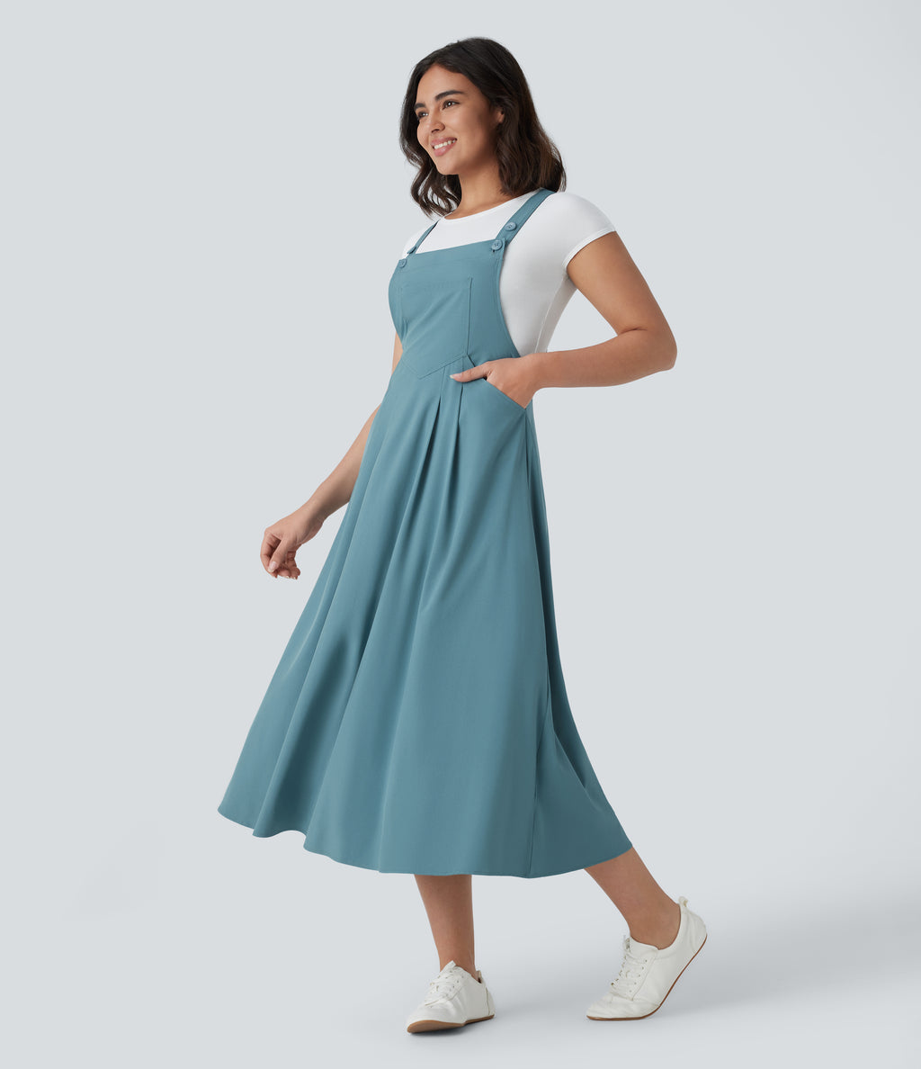 Adjustable Strap Button Multiple Pockets Flowy Quick Dry Midi Casual Dress — Stone Blue — view 1