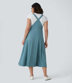 Adjustable Strap Button Multiple Pockets Flowy Quick Dry Midi Casual Dress — Stone Blue — view 2