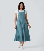 Adjustable Strap Button Multiple Pockets Flowy Quick Dry Midi Casual Dress — Stone Blue — view 3