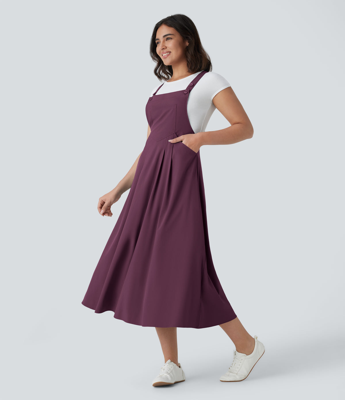 Adjustable Strap Button Multiple Pockets Flowy Quick Dry Midi Casual Dress — Amaranth — view 8
