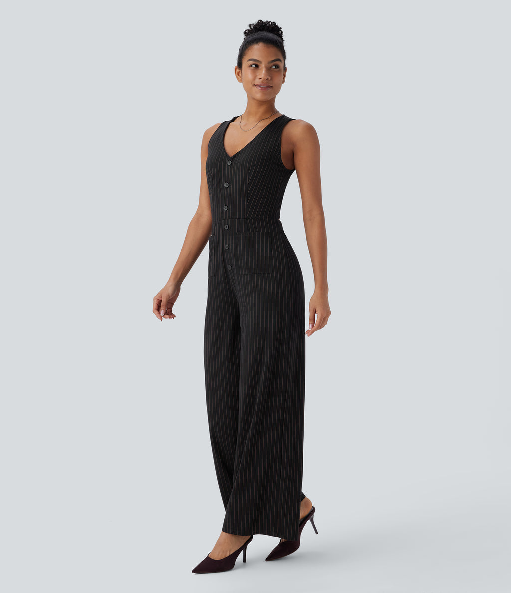 V Neck Sleeveless Cut Out Pockets Wide Leg Stripe InstantCool Work Jumpsuit — Black Brown Black Pinstripe — view 3