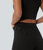 V Neck Sleeveless Cut Out Pockets Wide Leg Stripe InstantCool Work Jumpsuit — Black Brown Black Pinstripe — view 5