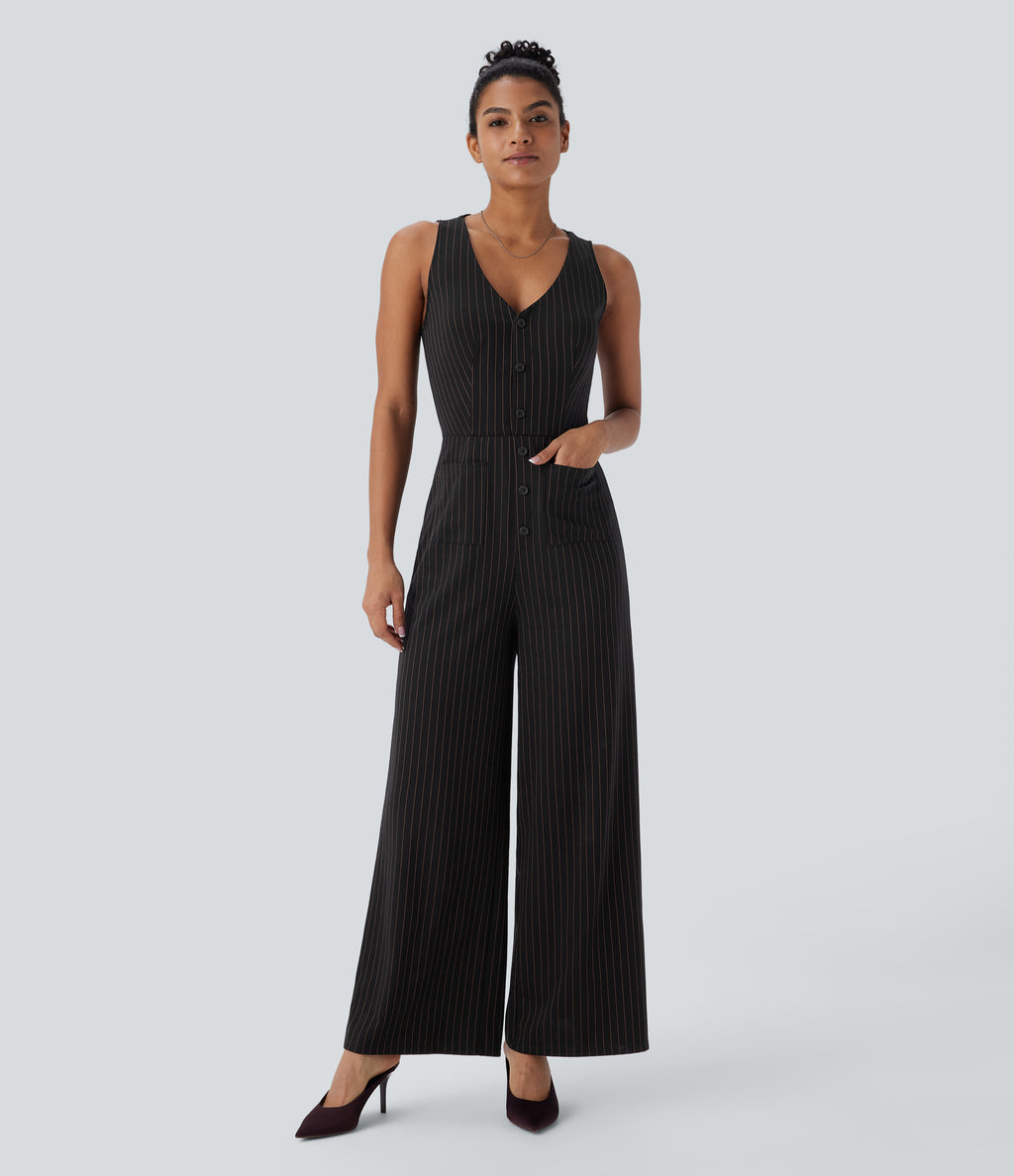 V Neck Sleeveless Cut Out Pockets Wide Leg Stripe InstantCool Work Jumpsuit — Black Brown Black Pinstripe — view 1