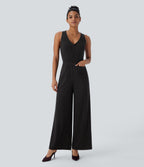 V Neck Sleeveless Cut Out Pockets Wide Leg Stripe InstantCool Work Jumpsuit — Black Brown Black Pinstripe — view 1
