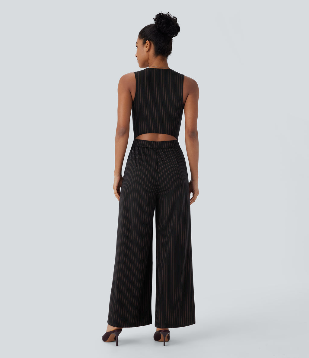 V Neck Sleeveless Cut Out Pockets Wide Leg Stripe InstantCool Work Jumpsuit — Black Brown Black Pinstripe — view 2