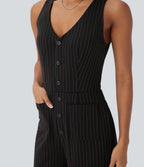 V Neck Sleeveless Cut Out Pockets Wide Leg Stripe InstantCool Work Jumpsuit — Black Brown Black Pinstripe — view 4