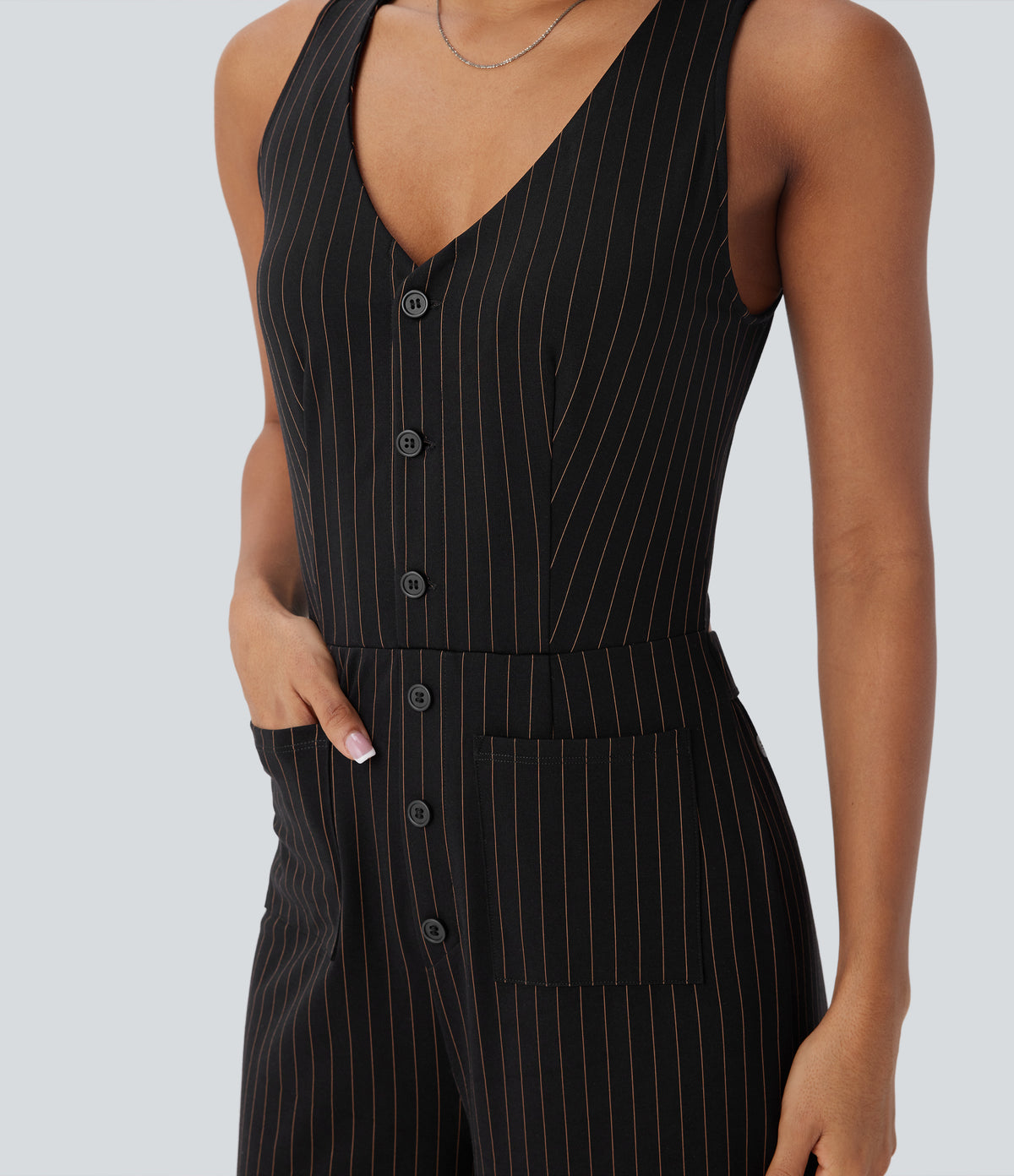 V Neck Sleeveless Cut Out Pockets Wide Leg Stripe InstantCool Work Jumpsuit — Black Brown Black Pinstripe — view 4