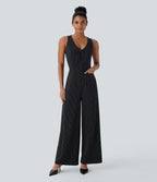 V Neck Sleeveless Cut Out Pockets Wide Leg Stripe InstantCool Work Jumpsuit — Black White Pinstripe — view 6