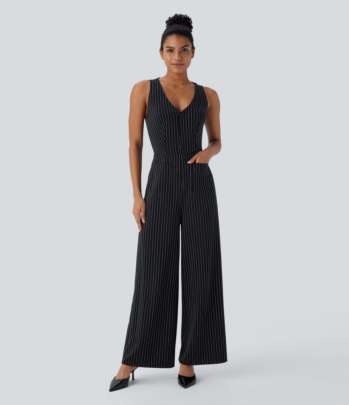V Neck Sleeveless Cut Out Pockets Wide Leg Stripe InstantCool Work Jumpsuit — Black White Pinstripe — view 6