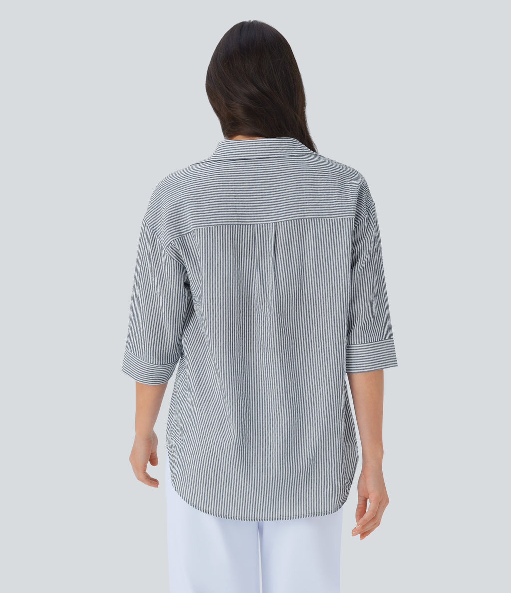 Half Sleeve Curved Hem Stripe Work Blouse — Azure White Stripe — view 2