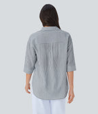 Half Sleeve Curved Hem Stripe Work Blouse — Azure White Stripe — view 2