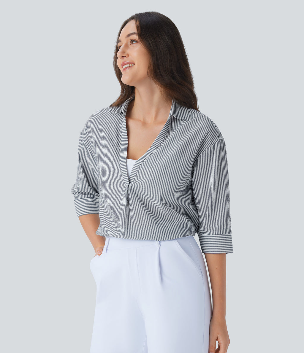 Half Sleeve Curved Hem Stripe Work Blouse — Azure White Stripe — view 3