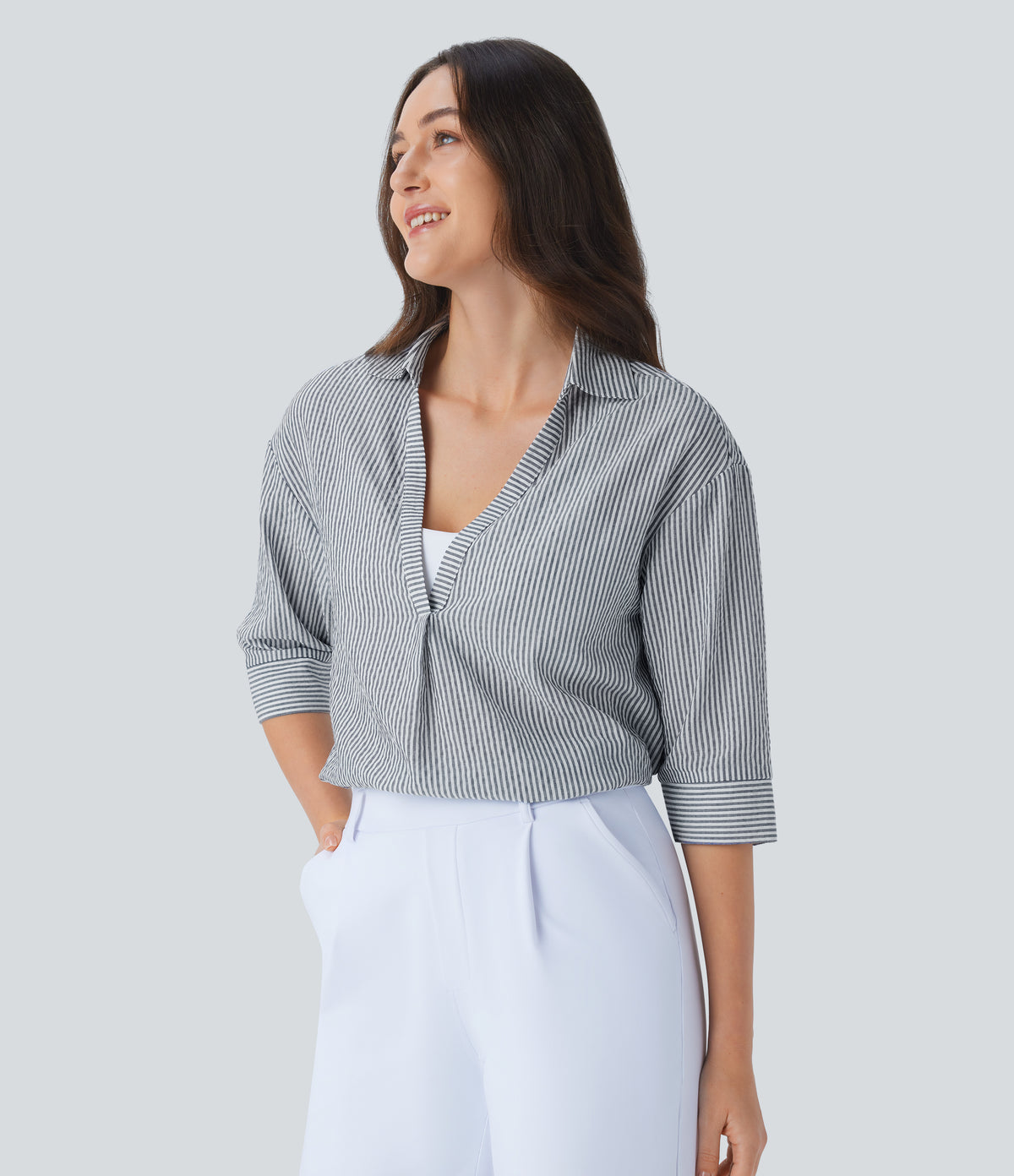 Half Sleeve Curved Hem Stripe Work Blouse — Azure White Stripe — view 3