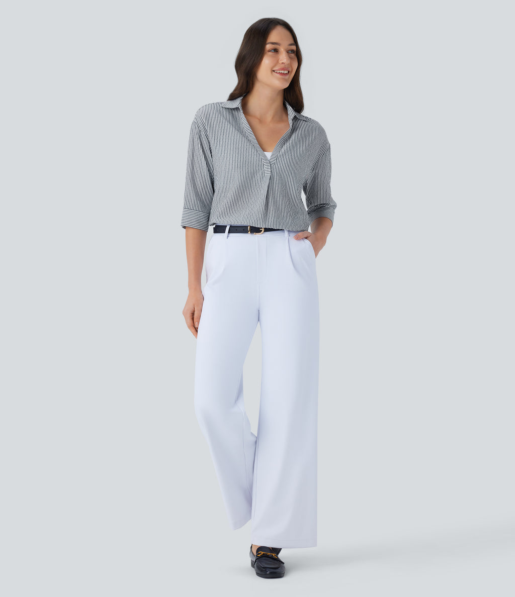 Half Sleeve Curved Hem Stripe Work Blouse — Azure White Stripe — view 8
