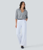 Half Sleeve Curved Hem Stripe Work Blouse — Azure White Stripe — view 8