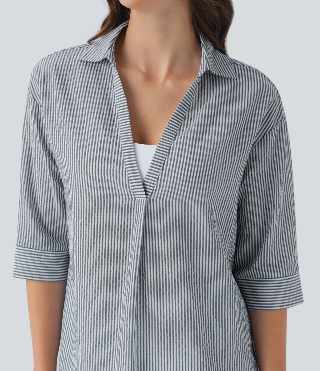 Half Sleeve Curved Hem Stripe Work Blouse — Azure White Stripe — view 5
