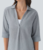 Half Sleeve Curved Hem Stripe Work Blouse — Azure White Stripe — view 5