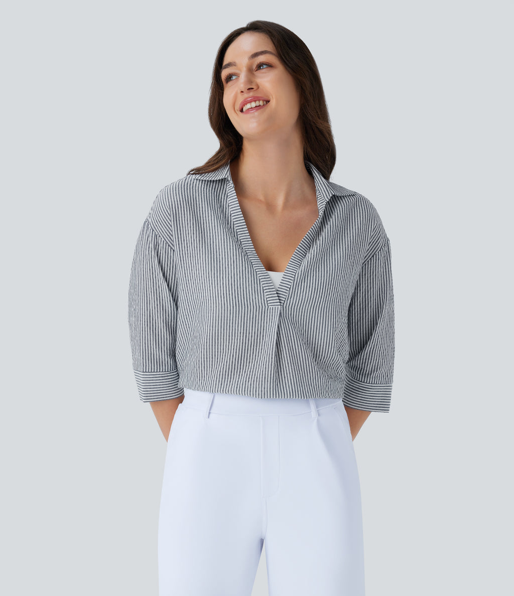 Half Sleeve Curved Hem Stripe Work Blouse — Azure White Stripe — view 1
