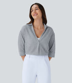 Half Sleeve Curved Hem Stripe Work Blouse — Azure White Stripe — view 1