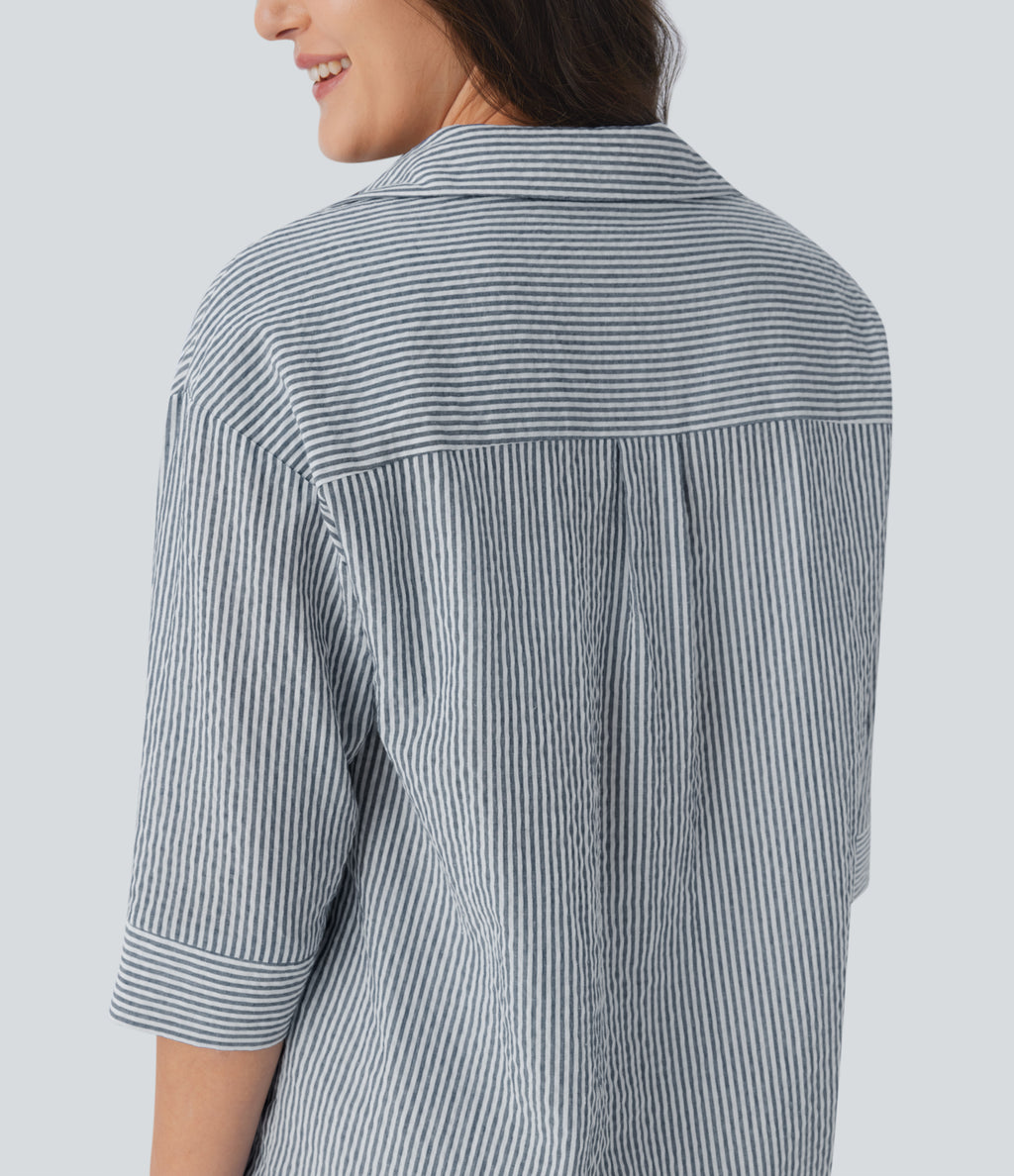 Half Sleeve Curved Hem Stripe Work Blouse — Azure White Stripe — view 6