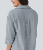 Half Sleeve Curved Hem Stripe Work Blouse — Azure White Stripe — view 6