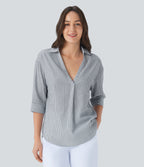 Half Sleeve Curved Hem Stripe Work Blouse — Azure White Stripe — view 4