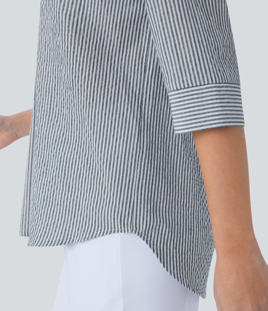 Half Sleeve Curved Hem Stripe Work Blouse — Azure White Stripe — view 7