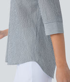 Half Sleeve Curved Hem Stripe Work Blouse — Azure White Stripe — view 7