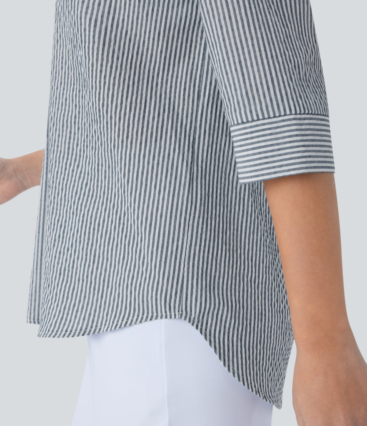 Half Sleeve Curved Hem Stripe Work Blouse — Azure White Stripe — view 7