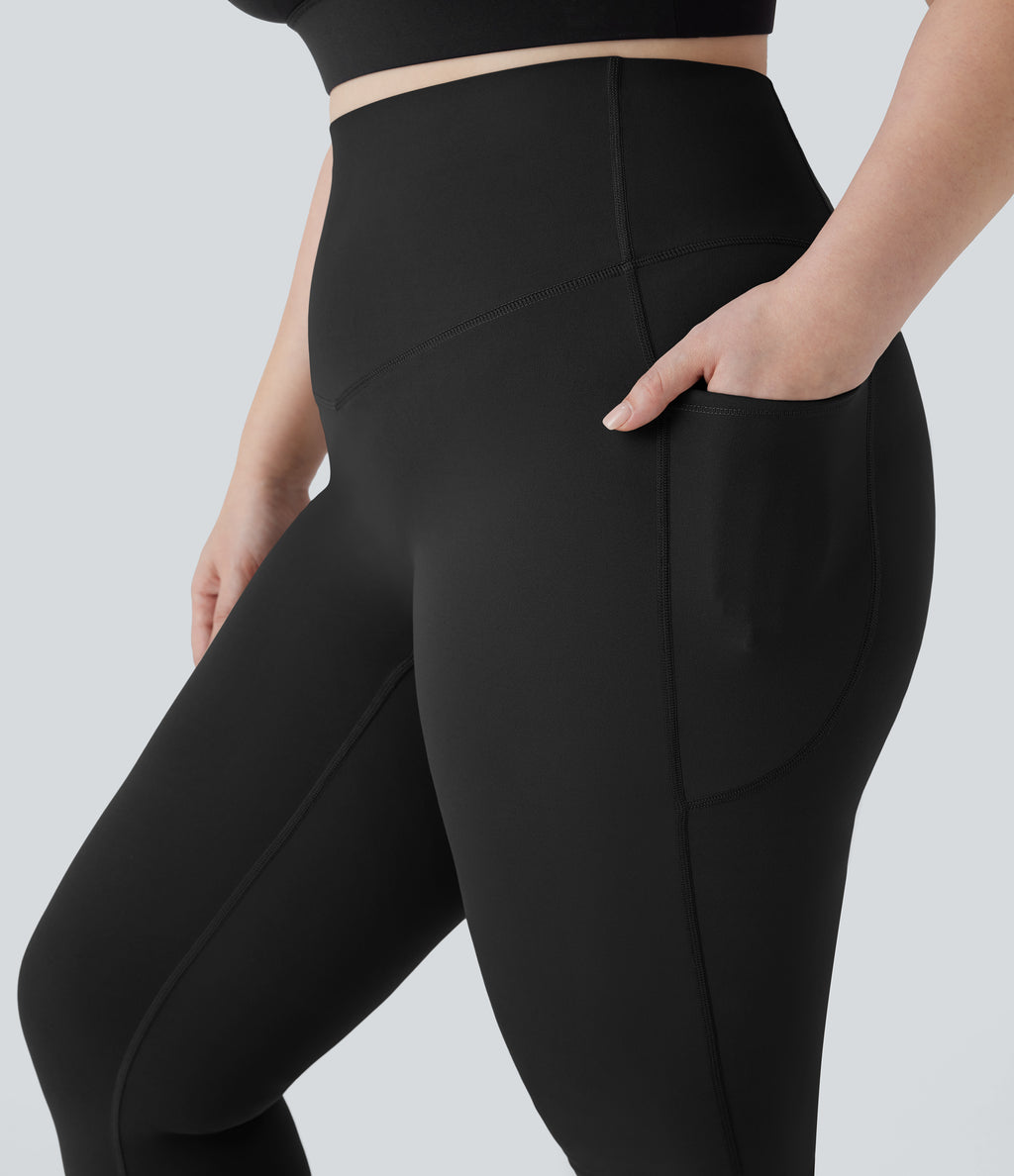 High Waisted Tummy Control Pocket Shaping Yoga Bootcut Plus Size Leggings — Black — view 5