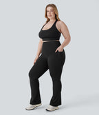 High Waisted Tummy Control Pocket Shaping Yoga Bootcut Plus Size Leggings — Black — view 7