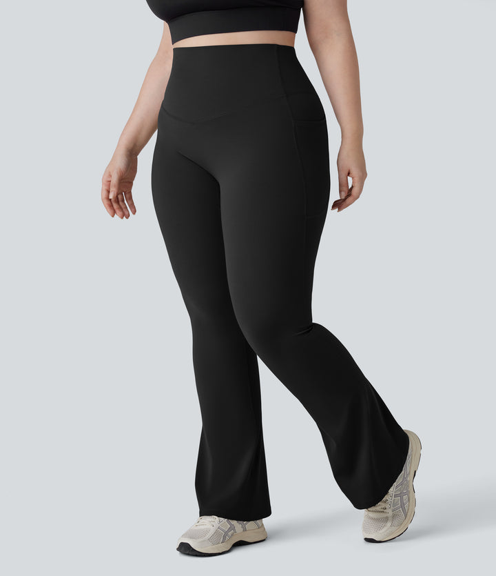 High Waisted Tummy Control Pocket Shaping Yoga Bootcut Plus Size Leggings — Black — view 1