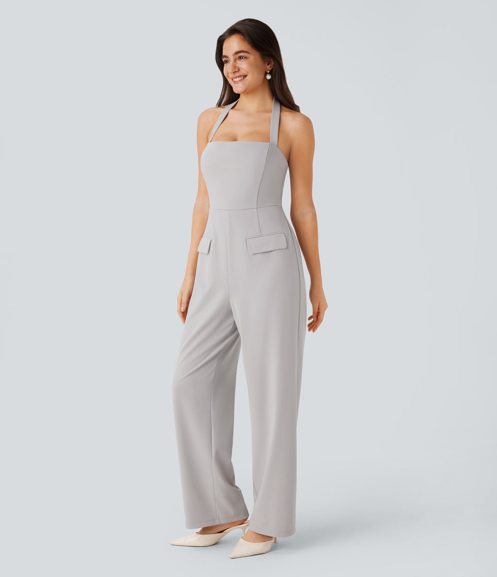 Halter Adjustable G-hook Flap Pockets Jumpsuit — Dawn Blue — view 3